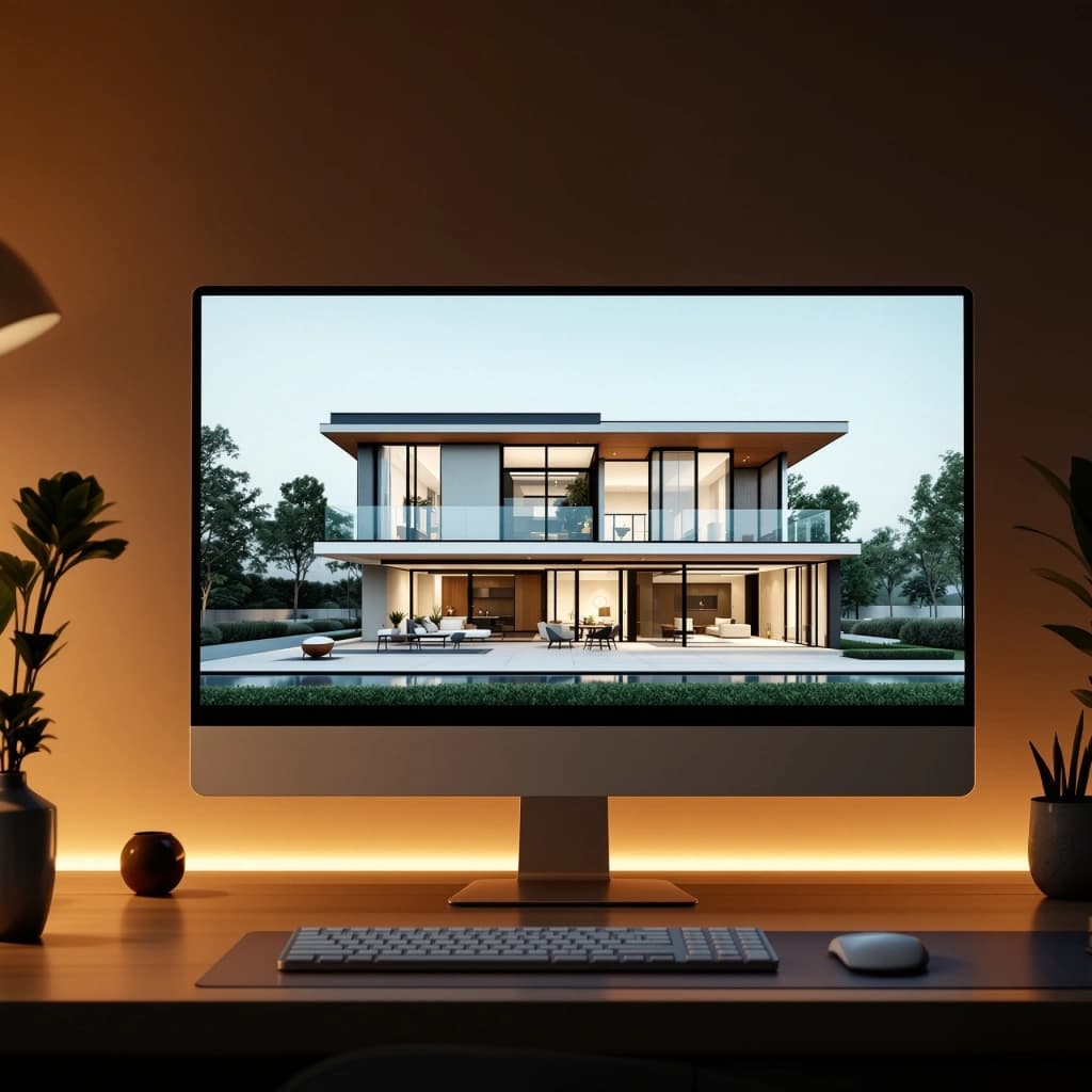 Perspective 3D d'un projet de maison sur écran d'ordinateur