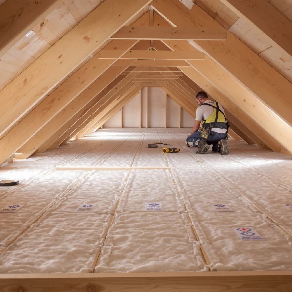 Isolation des combles sous une charpente bois neuve
