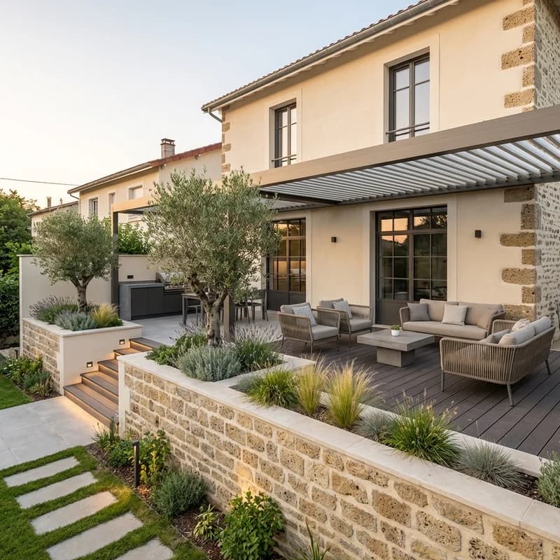 Aménagement de terrasse en bois ou pierre — espace extérieur